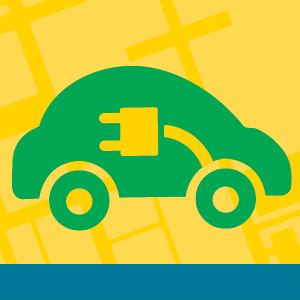 graphic of green EV car with plug on yellow background